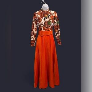 Vintage 1960’s/70’s Orange & white floral print high neck long sleeve maxi dress